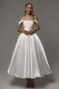 Ivory Satin Off-the-Shoulder Tea-Length Bridesmaid Dress