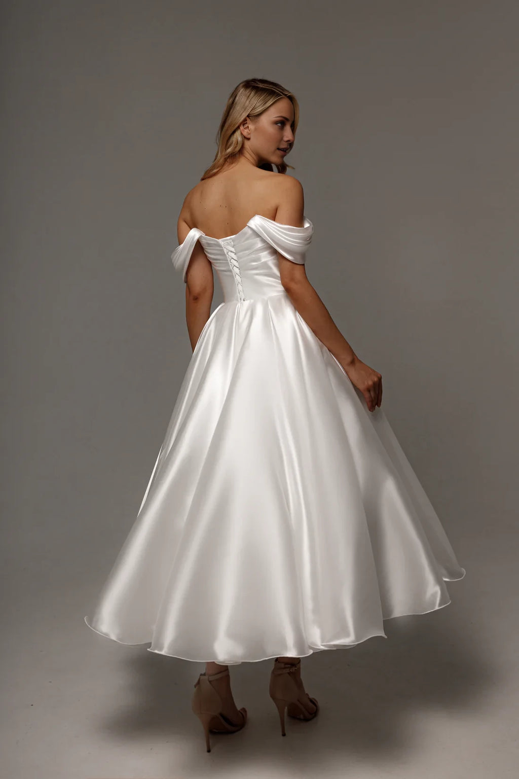 Ivory Satin Off-the-Shoulder Tea-Length Bridesmaid Dress