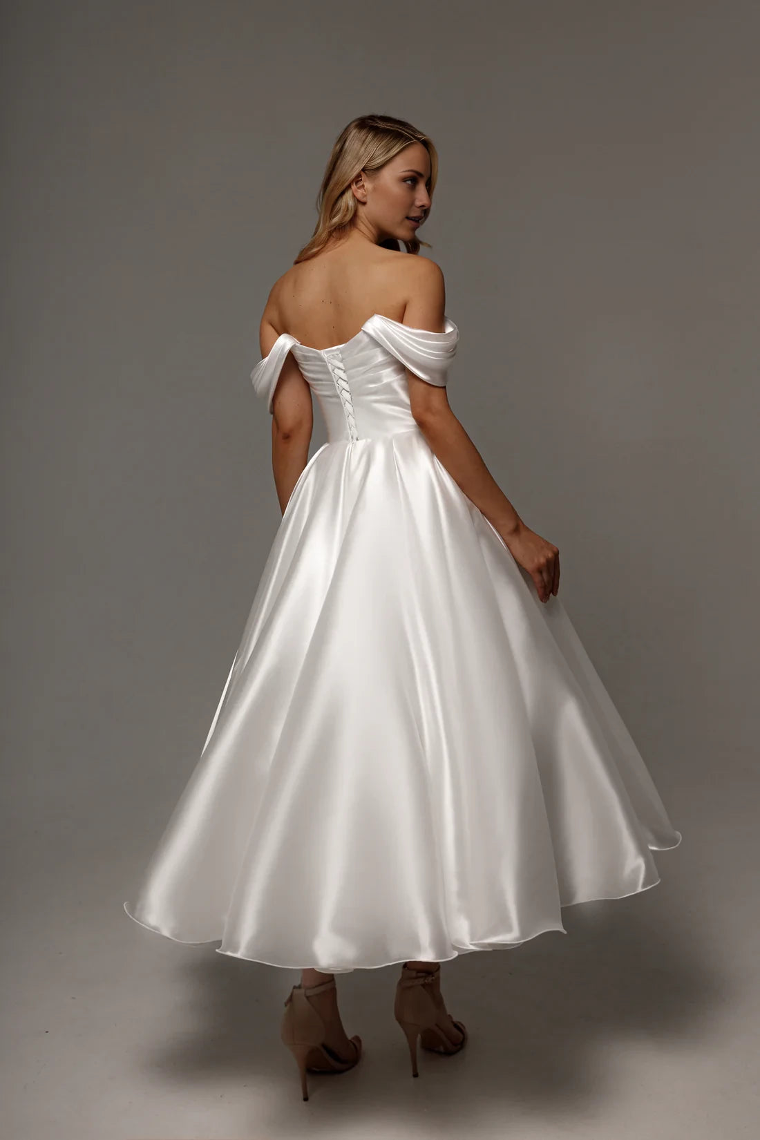 Ivory Satin Off-the-Shoulder Tea-Length Bridesmaid Dress
