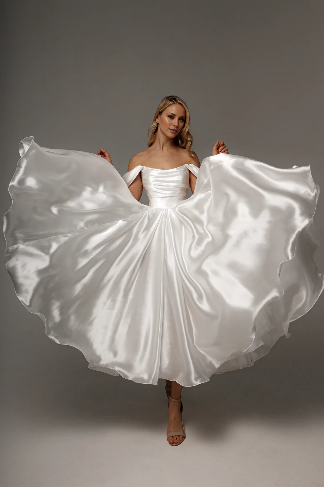 Ivory Satin Off-the-Shoulder Tea-Length Bridesmaid Dress