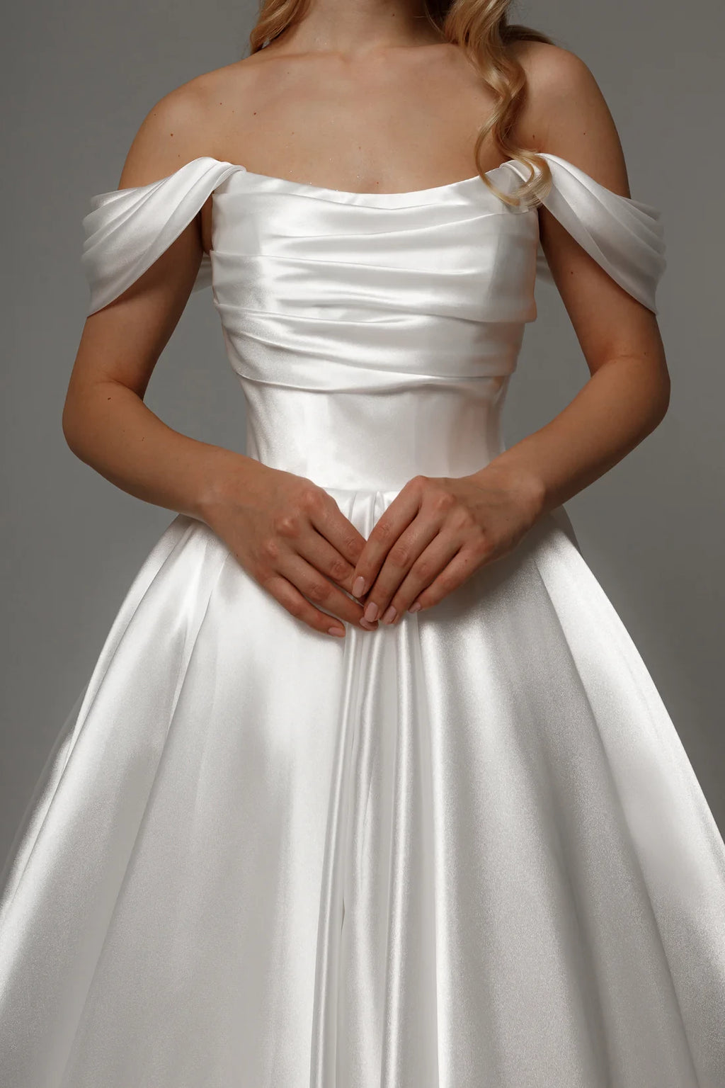 Ivory Satin Off-the-Shoulder Tea-Length Bridesmaid Dress
