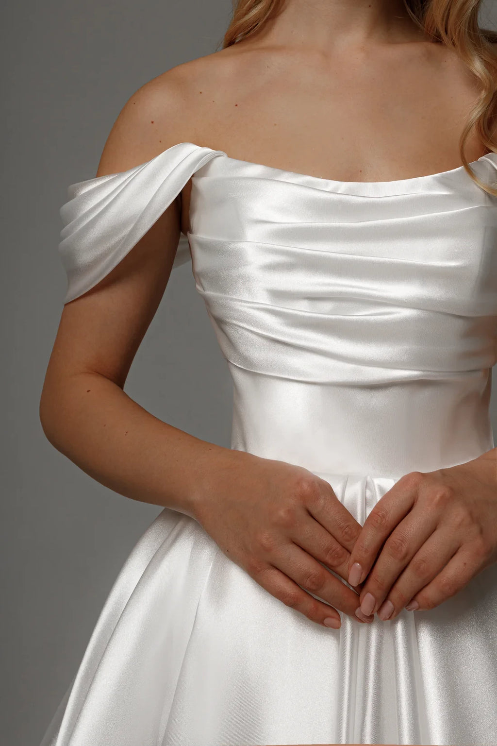 Ivory Satin Off-the-Shoulder Tea-Length Bridesmaid Dress
