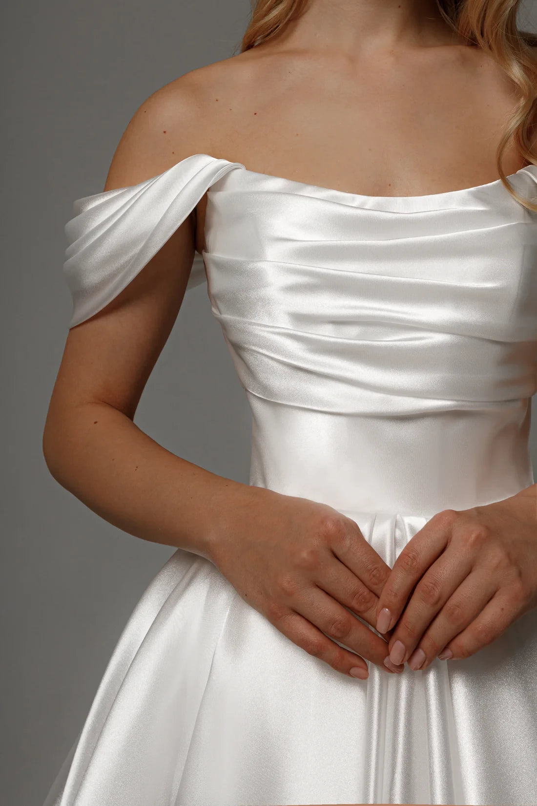 Ivory Satin Off-the-Shoulder Tea-Length Bridesmaid Dress