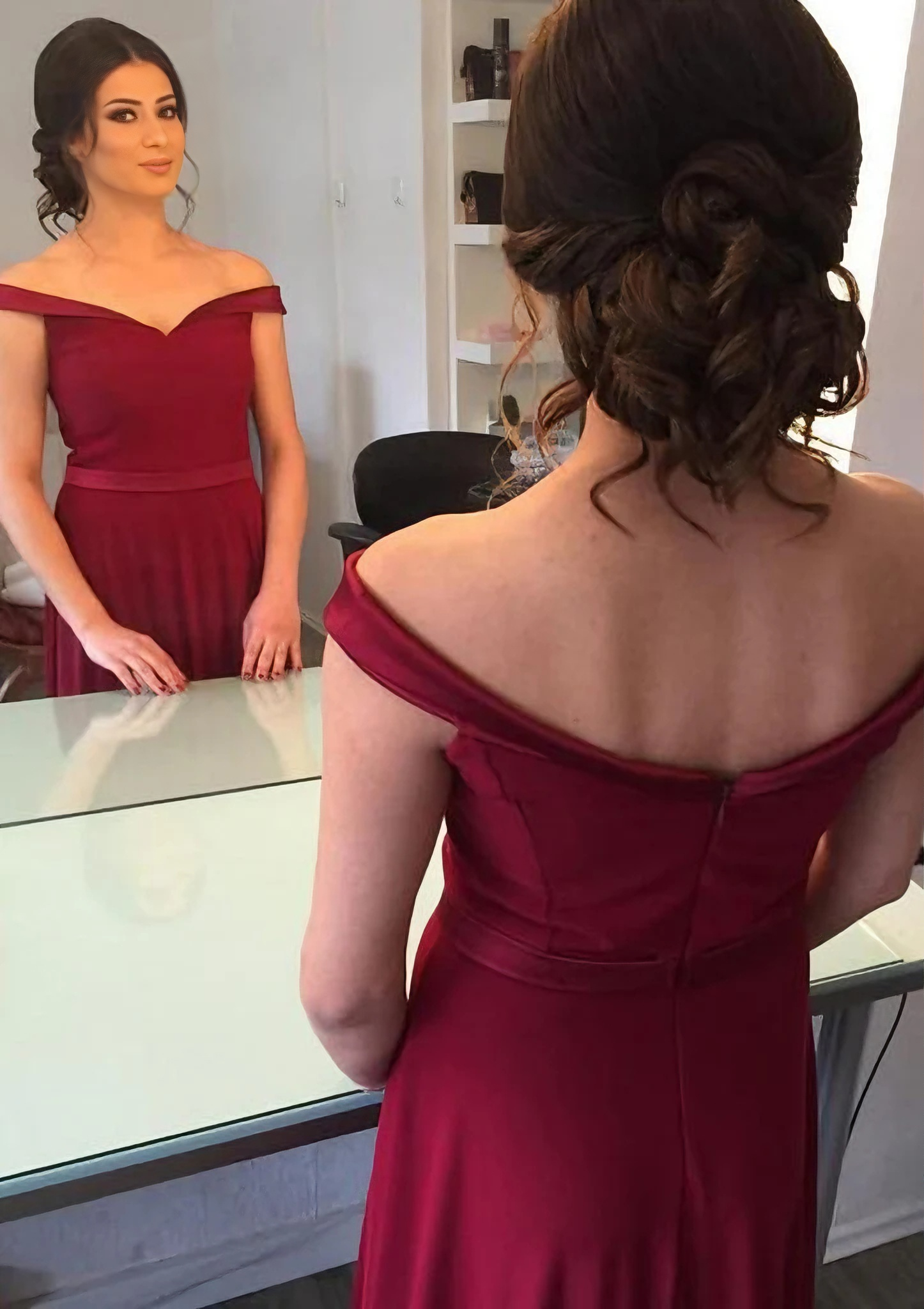 Burgundy Satin Off-the-Shoulder A-Line Floor-Length Evening Dress