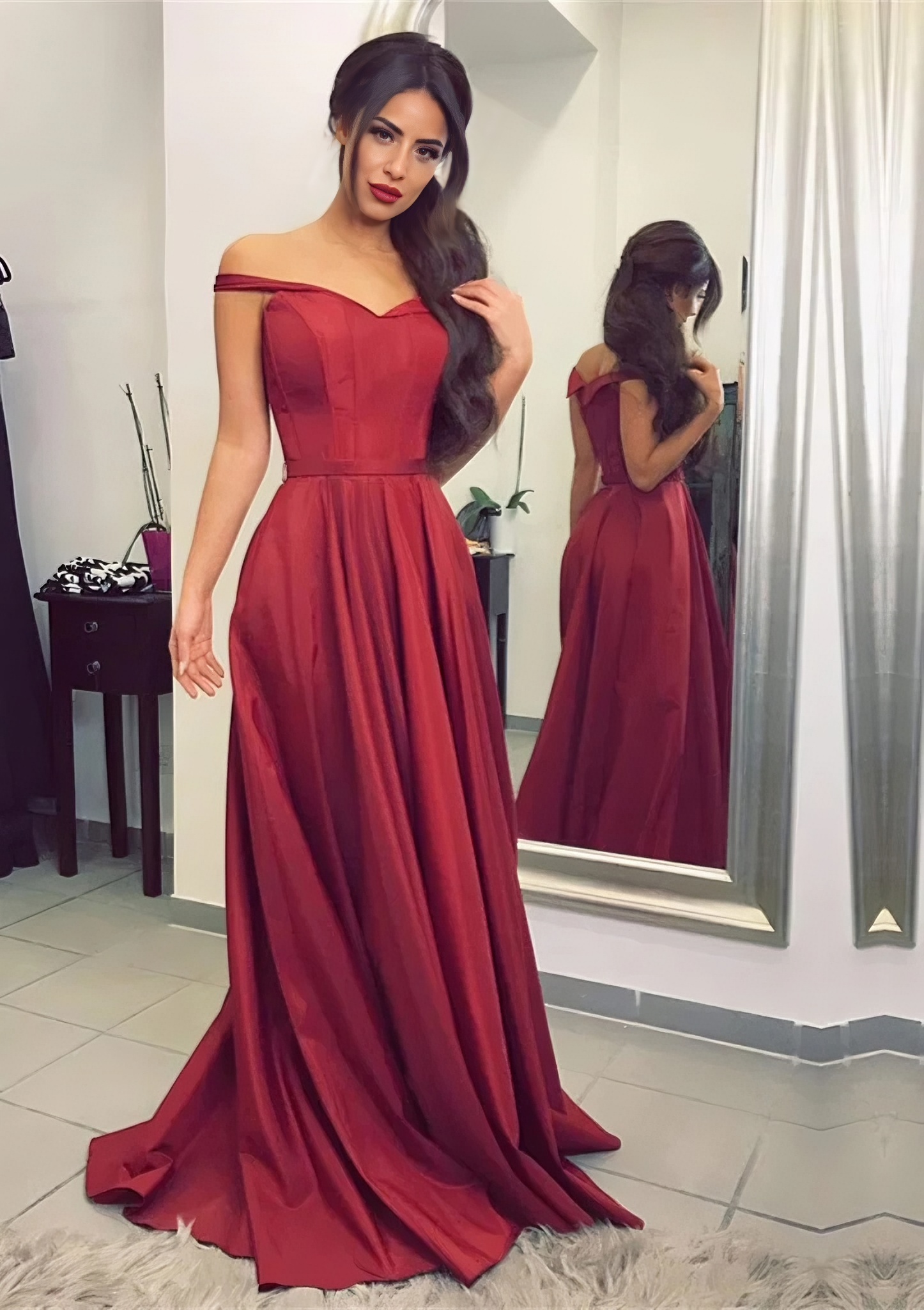 Burgundy Satin Off-the-Shoulder A-Line Floor-Length Evening Dress