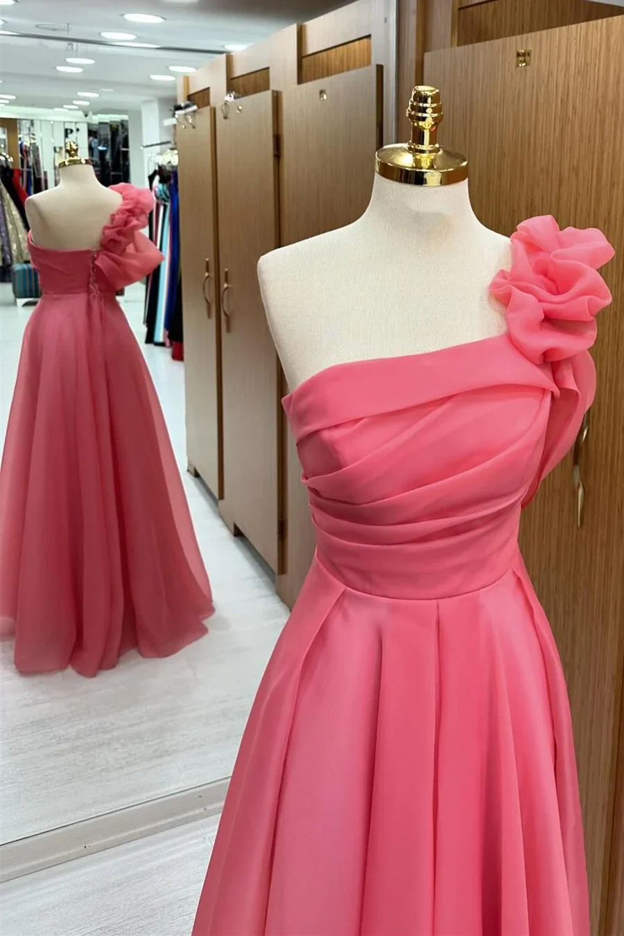 Elegant A-Line One Shoulder Ruffle Sleeve Closed Back Floor Length Evening Dresses