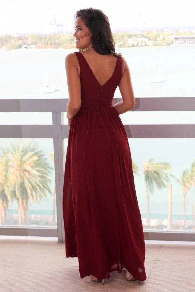 Burgundy Chiffon A-Line Floor-Length Dress with V-Neck and V-Back