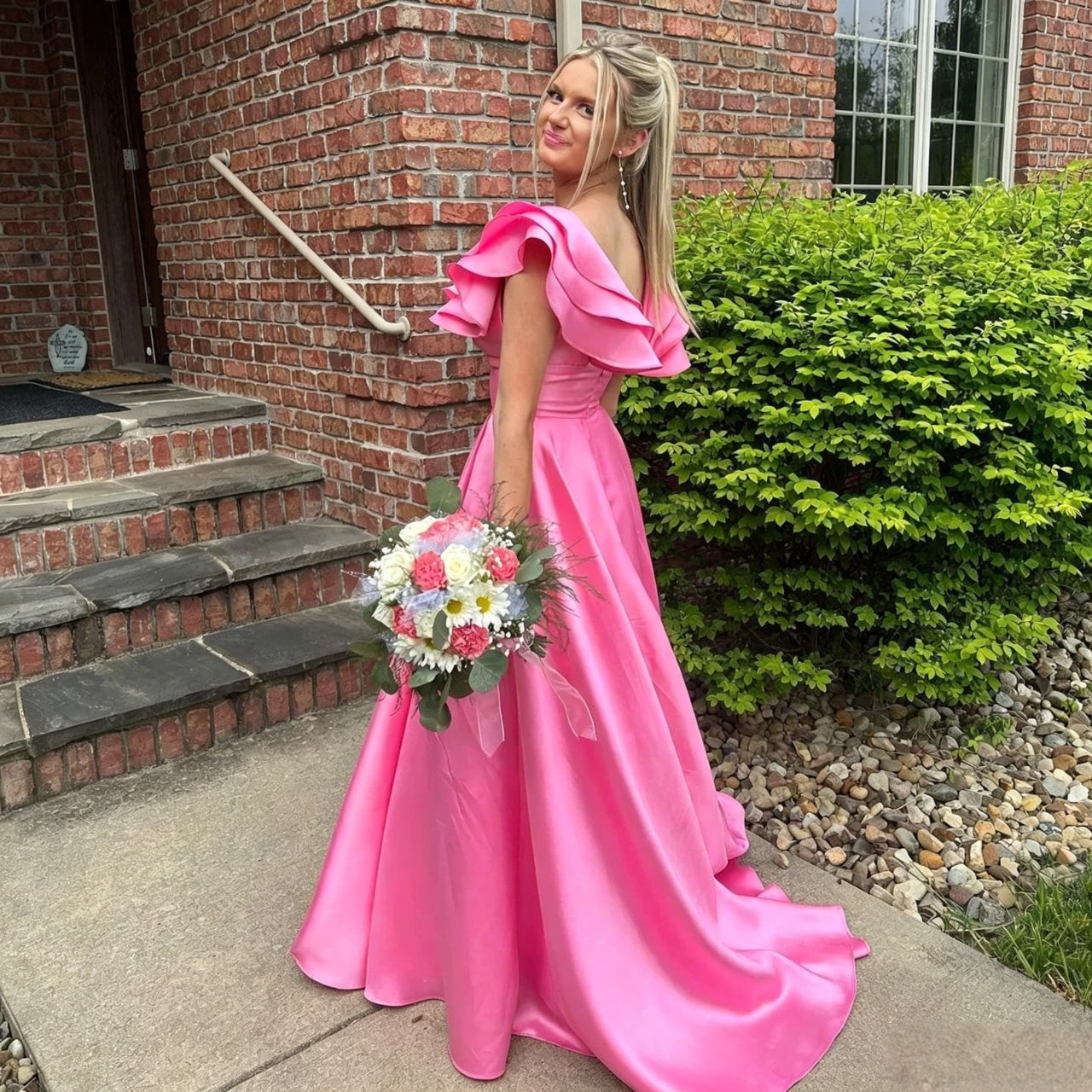 Elegant A-Line Ruffled Off Shoulder V-Back High Slit Floor Length Satin Evening Dress