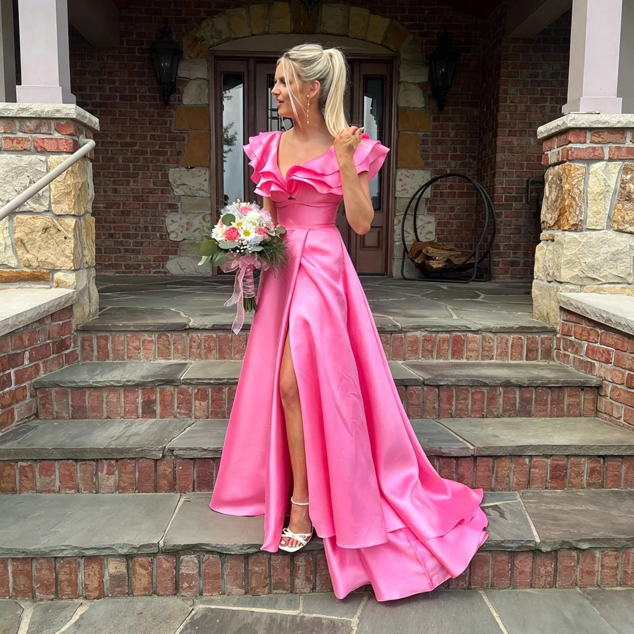 Elegant A-Line Ruffled Off Shoulder V-Back High Slit Floor Length Satin Evening Dress