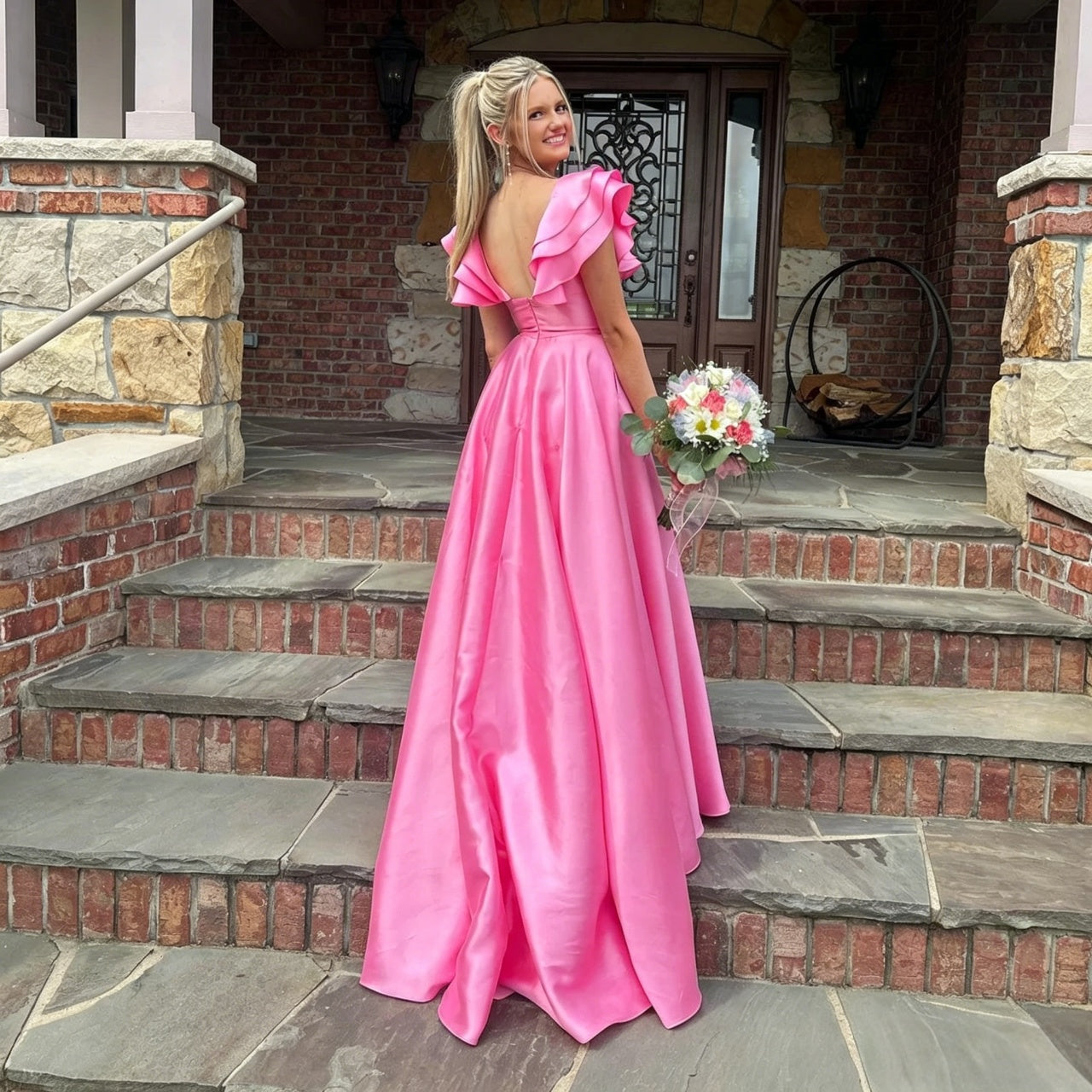 Elegant A-Line Ruffled Off Shoulder V-Back High Slit Floor Length Satin Evening Dress