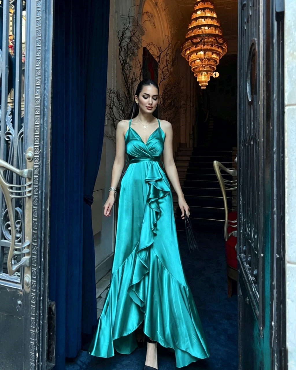 Elegant A-Line Spaghetti Strap Wrap V-Neck Ruffle High Slit Cross Back Satin Evening Dress