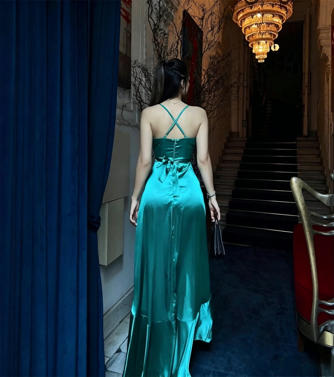 Elegant A-Line Spaghetti Strap Wrap V-Neck Ruffle High Slit Cross Back Satin Evening Dress