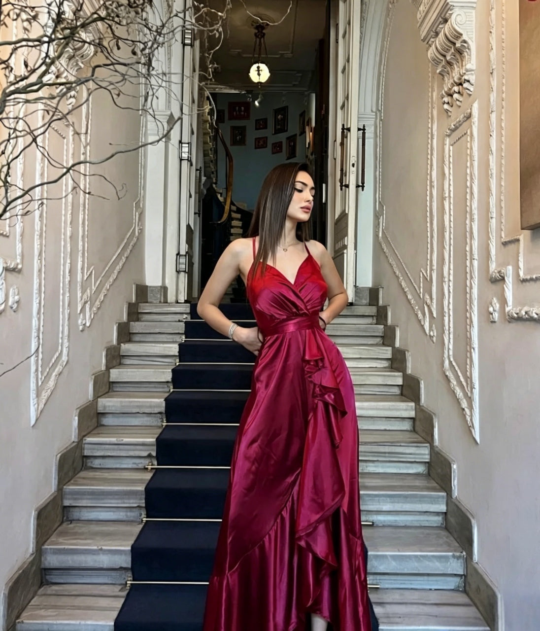 Elegant A-Line Spaghetti Strap Wrap V-Neck Ruffle High Slit Cross Back Satin Evening Dress