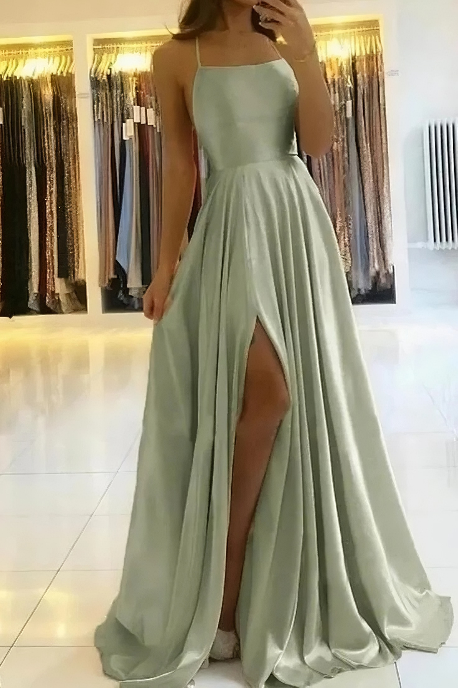 Elegant A-Line Square Neck Spaghetti Strap Lace-Up Back High Slit Floor Length Satin Evening Dress