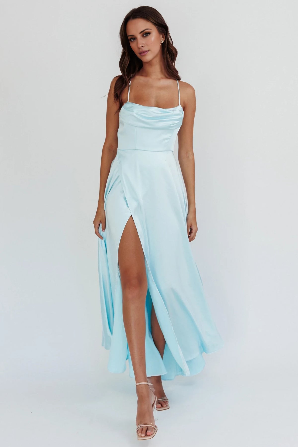 Sky Blue Satin A-Line Cowl Neck Floor-Length Bridesmaid Dress with High Slit & Low Back