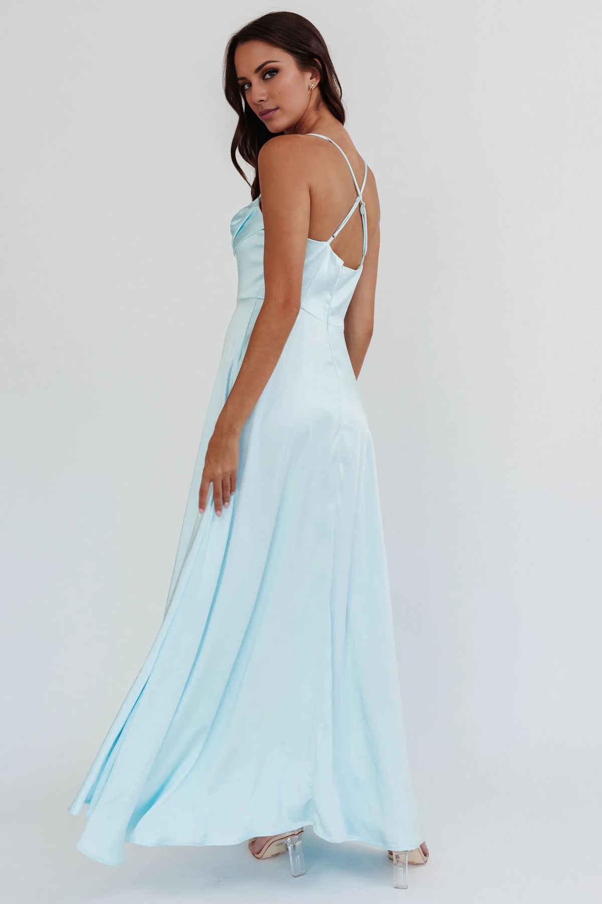 Sky Blue Satin A-Line Cowl Neck Floor-Length Bridesmaid Dress with High Slit & Low Back