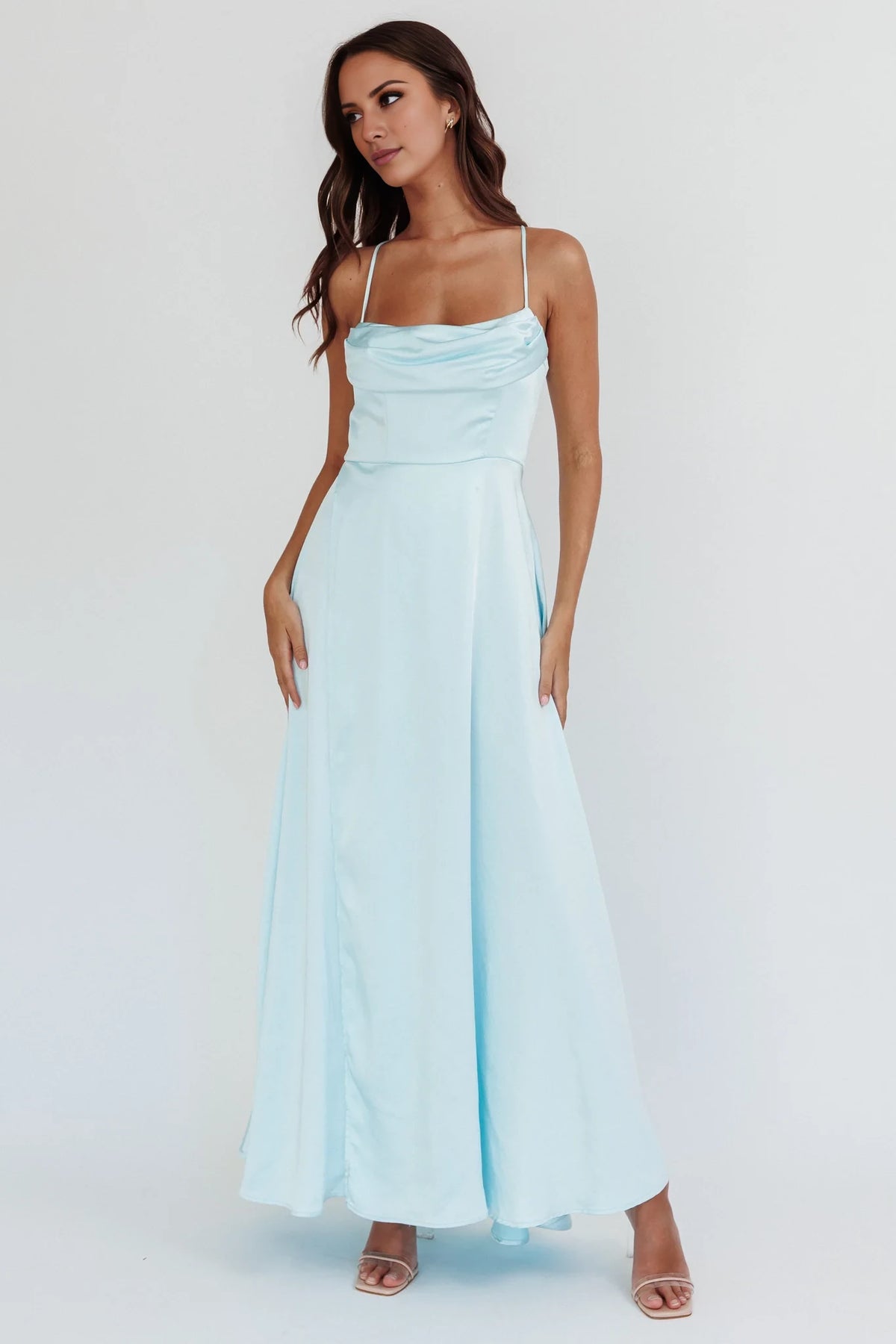 Sky Blue Satin A-Line Cowl Neck Floor-Length Bridesmaid Dress with High Slit & Low Back