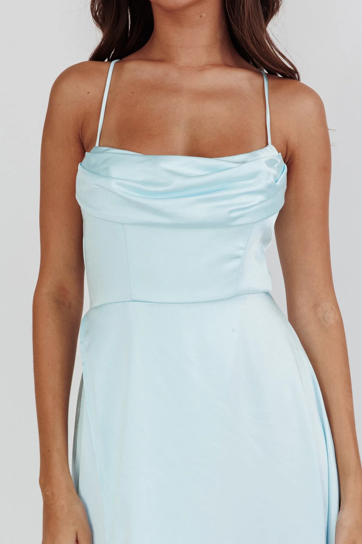 Sky Blue Satin A-Line Cowl Neck Floor-Length Bridesmaid Dress with High Slit & Low Back