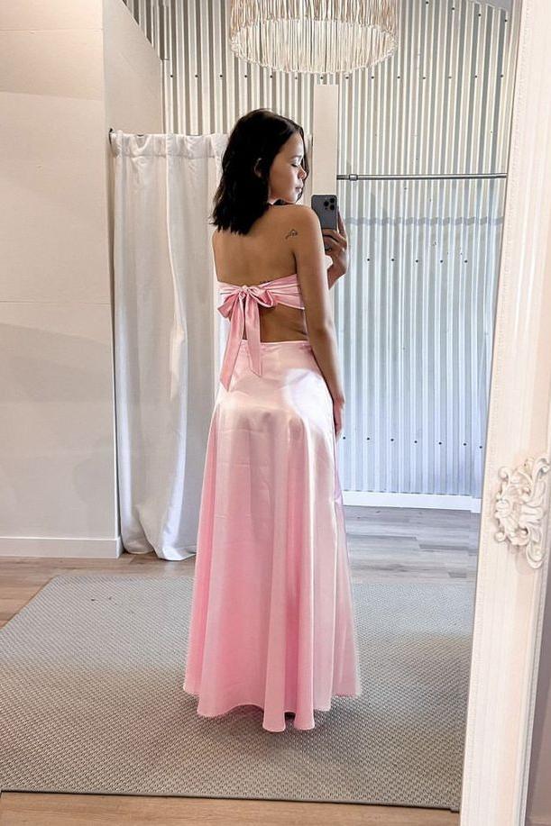 Elegant A-Line Strapless Sweetheart Bow Tie Back Floor Length Satin Evening Dress