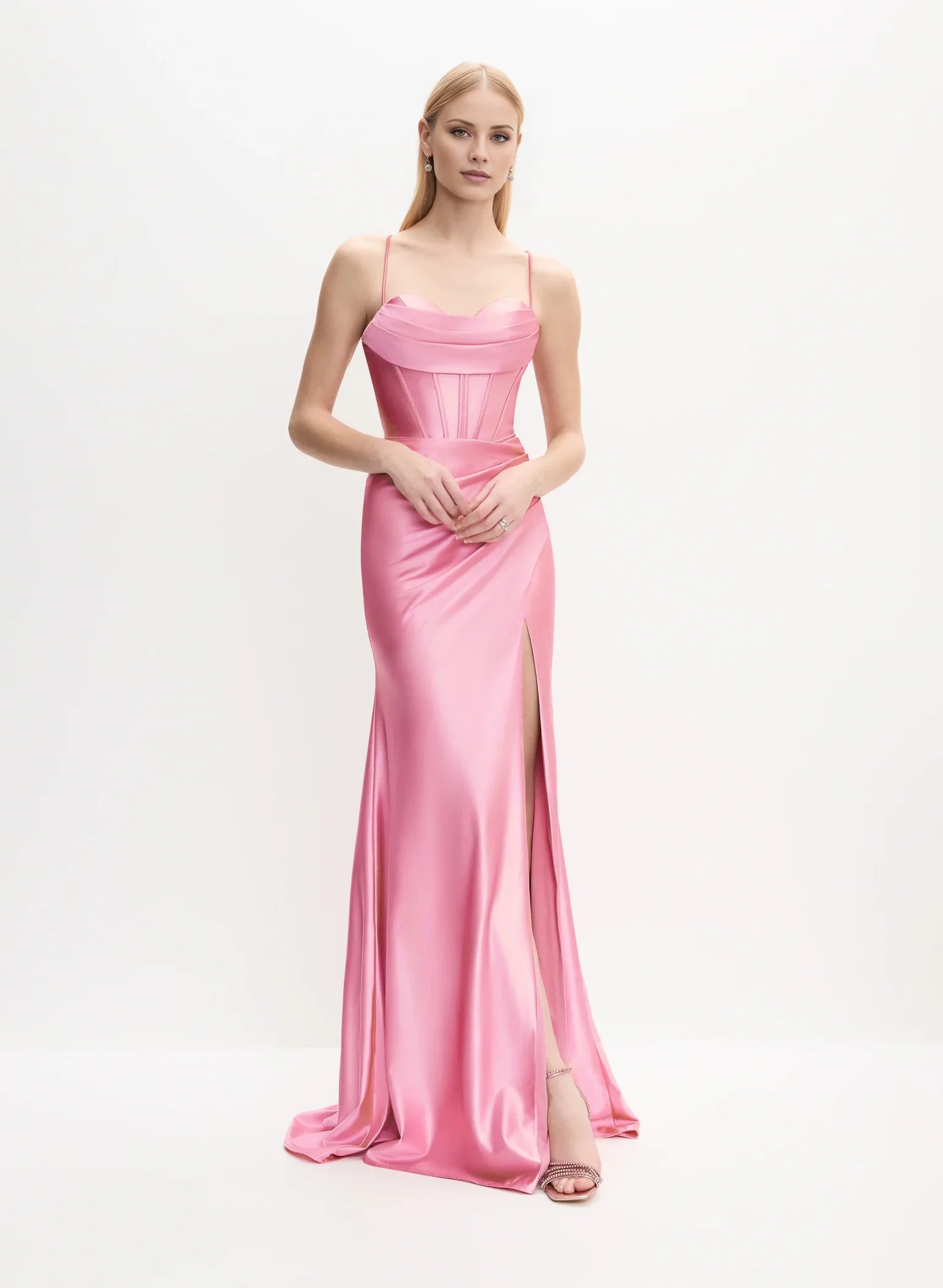 Elegant A-Line Sweetheart Neck Satin Sleeveless Spaghetti Strap Lace-Up Back Side-Slit Maxi Evening Dress