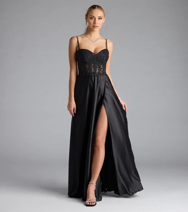 Black Satin A-Line Floor-Length Evening Dress with Sweetheart Neckline, Lace Bodice & High Slit