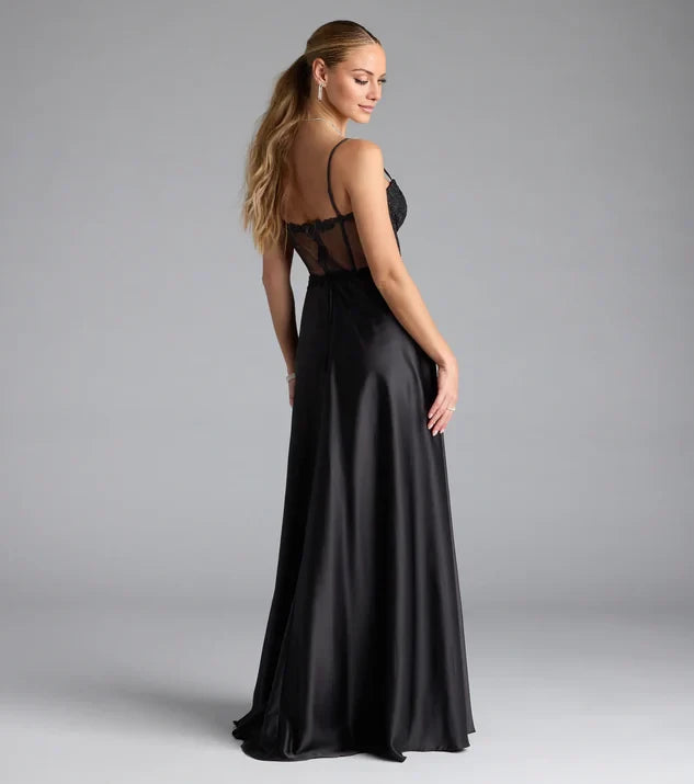 Black Satin A-Line Floor-Length Evening Dress with Sweetheart Neckline, Lace Bodice & High Slit