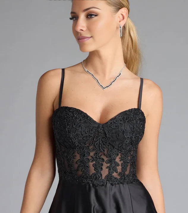 Black Satin A-Line Floor-Length Evening Dress with Sweetheart Neckline, Lace Bodice & High Slit