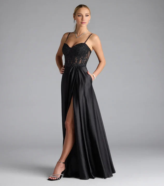 Black Satin A-Line Floor-Length Evening Dress with Sweetheart Neckline, Lace Bodice & High Slit