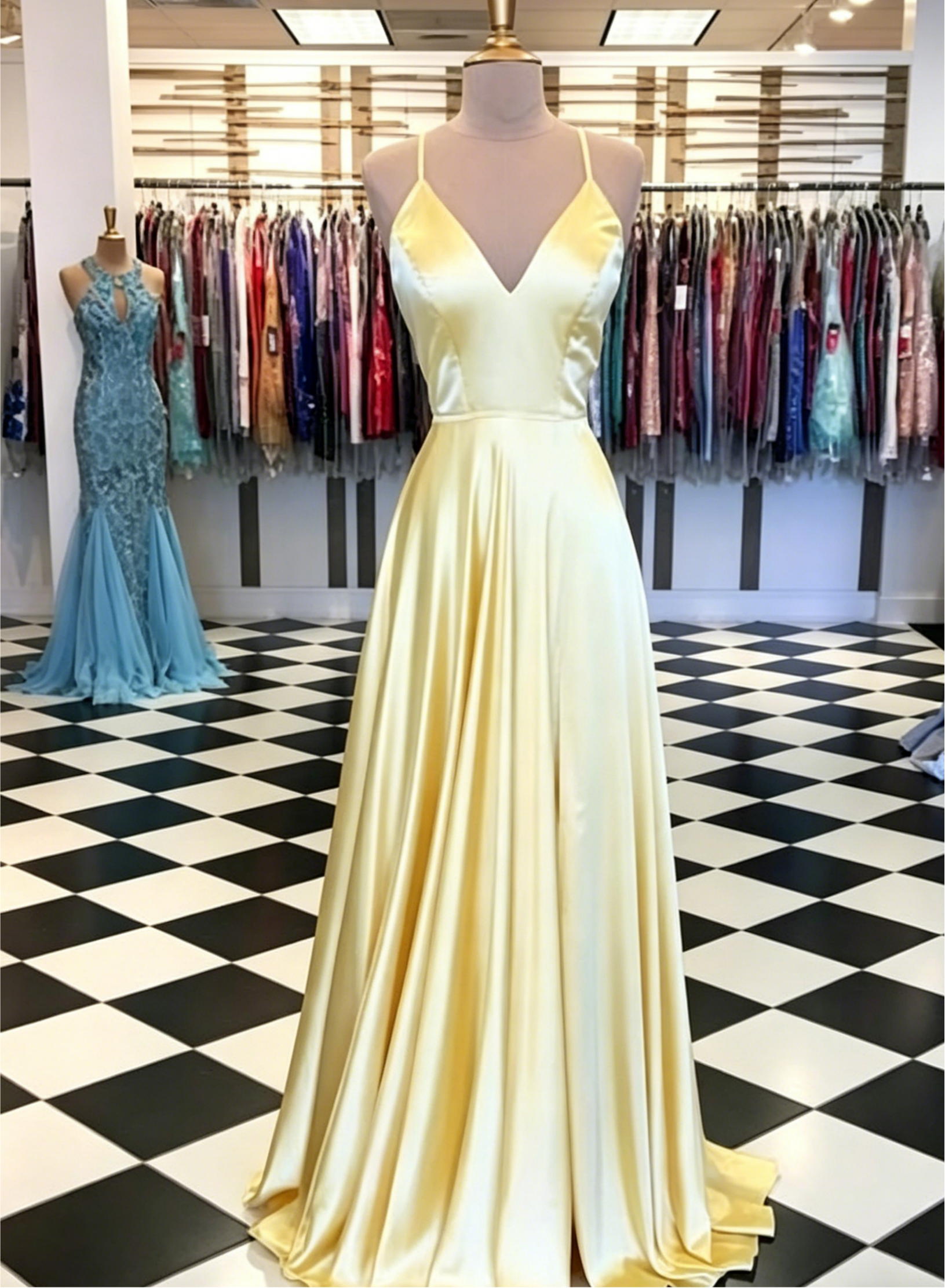 Elegant A-Line V-Neck Spaghetti Straps Lace-Up-Back Floor-Length Evening Dress