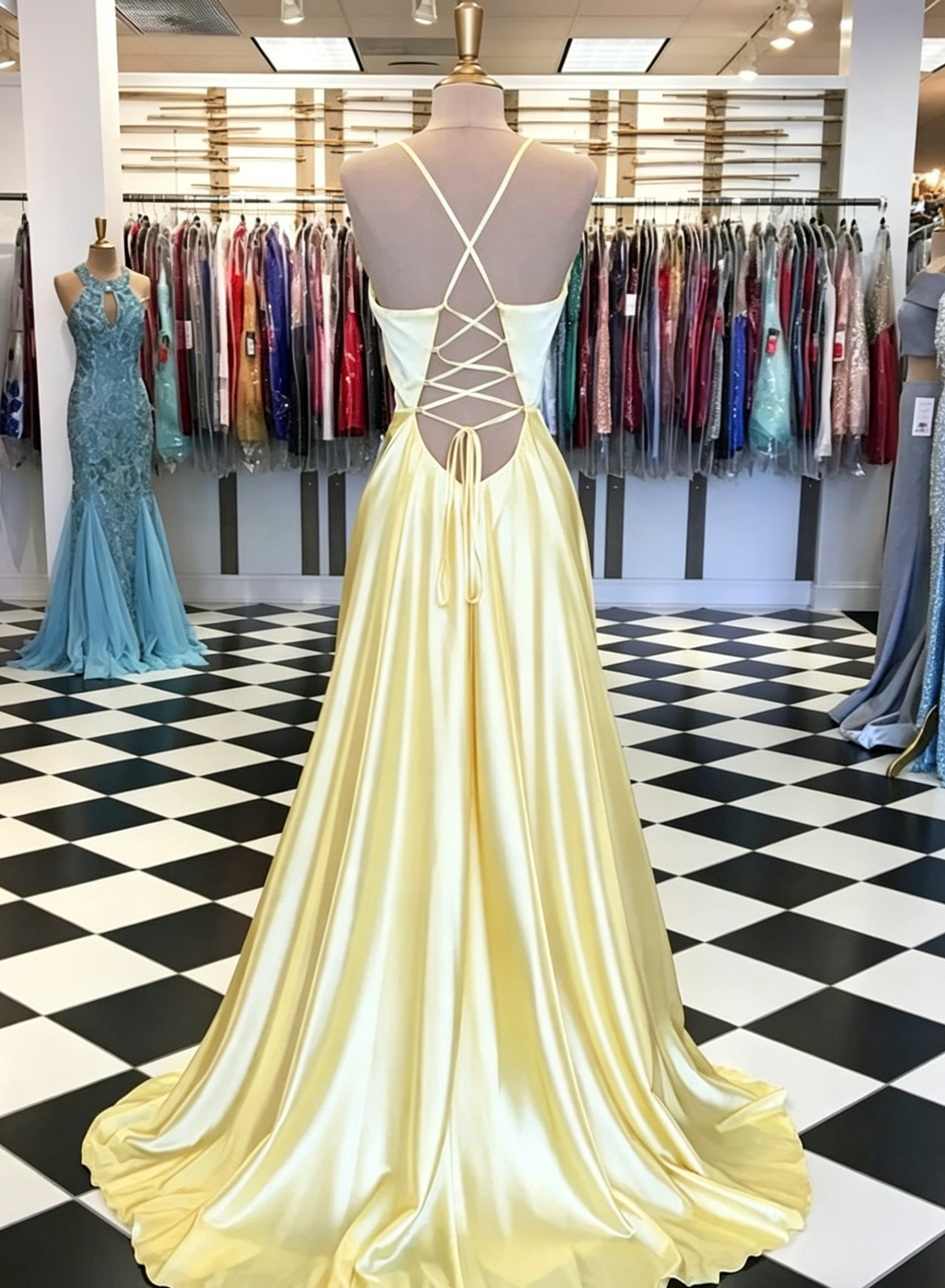 Elegant A-Line V-Neck Spaghetti Straps Lace-Up-Back Floor-Length Evening Dress