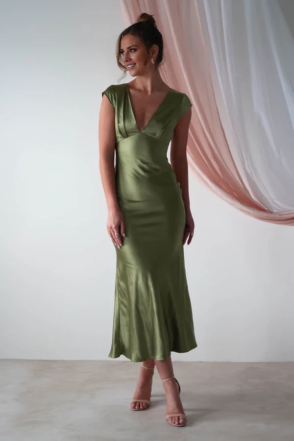 olive green semi formal dress Satin Sheath Midi Bridesmaid with V-Neck In-stock The one Color:Sandy Taupe Lace Back Party Dress