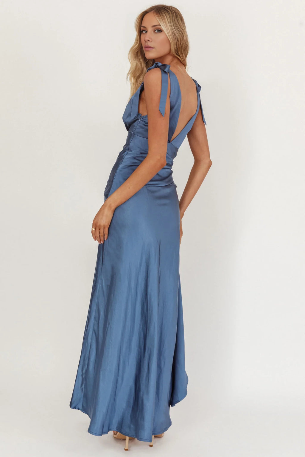Dusty Blue Satin A-Line Asymmetrical Bridesmaid Dress V-Neck