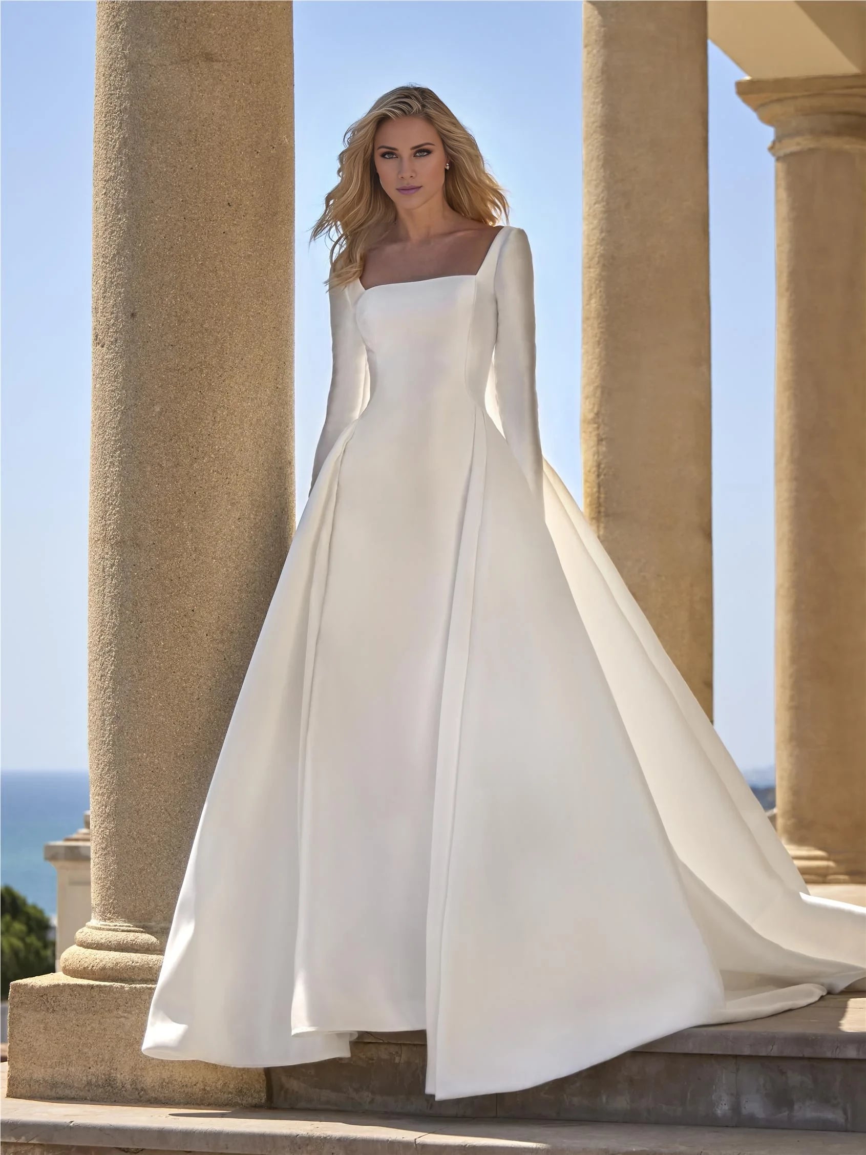 Elegant A-Line White Square Neck Long Sleeve Ball Gown Winter Wedding Dress