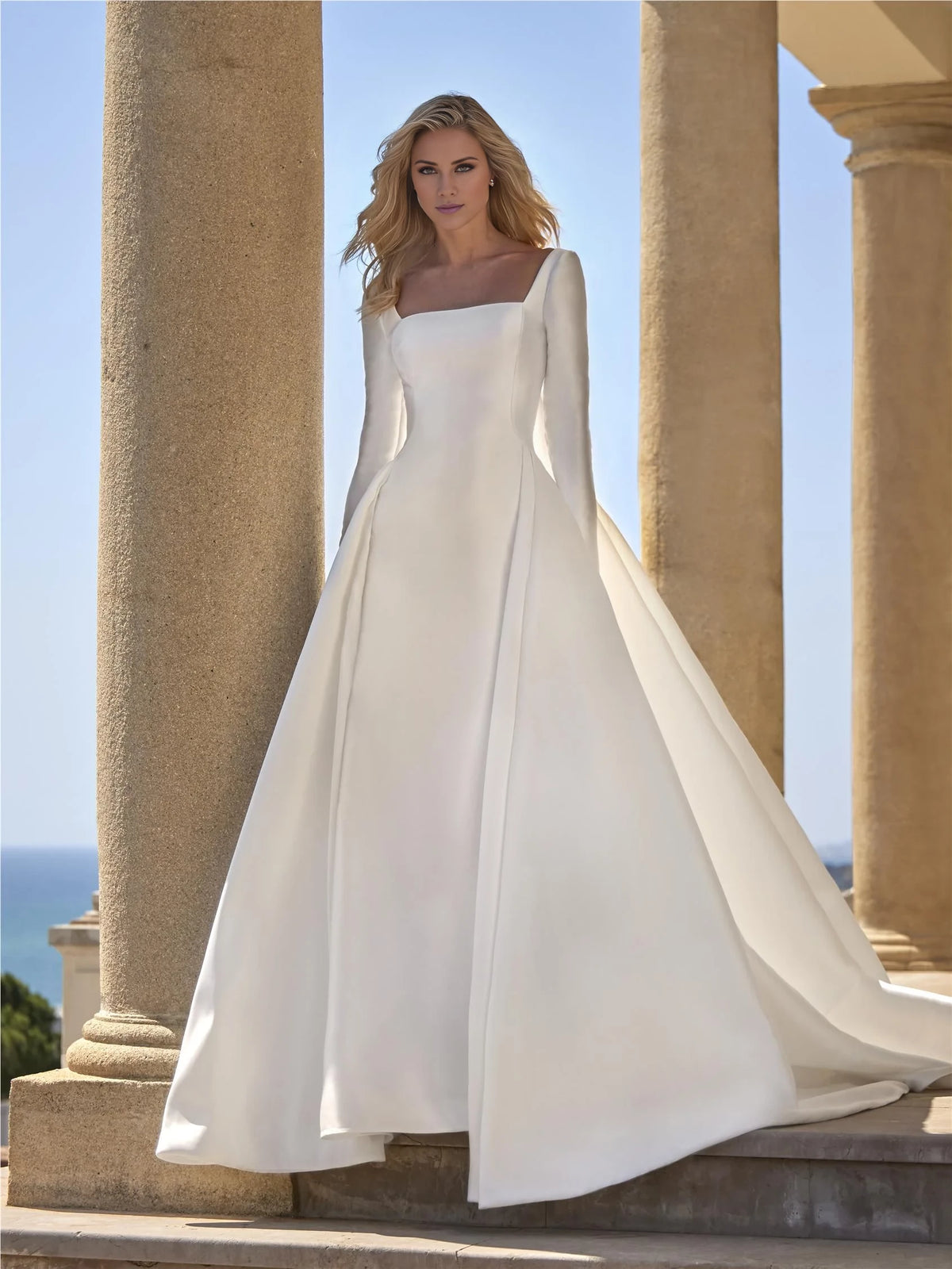Ivory Satin A-Line Floor-Length Dress with Square Neck