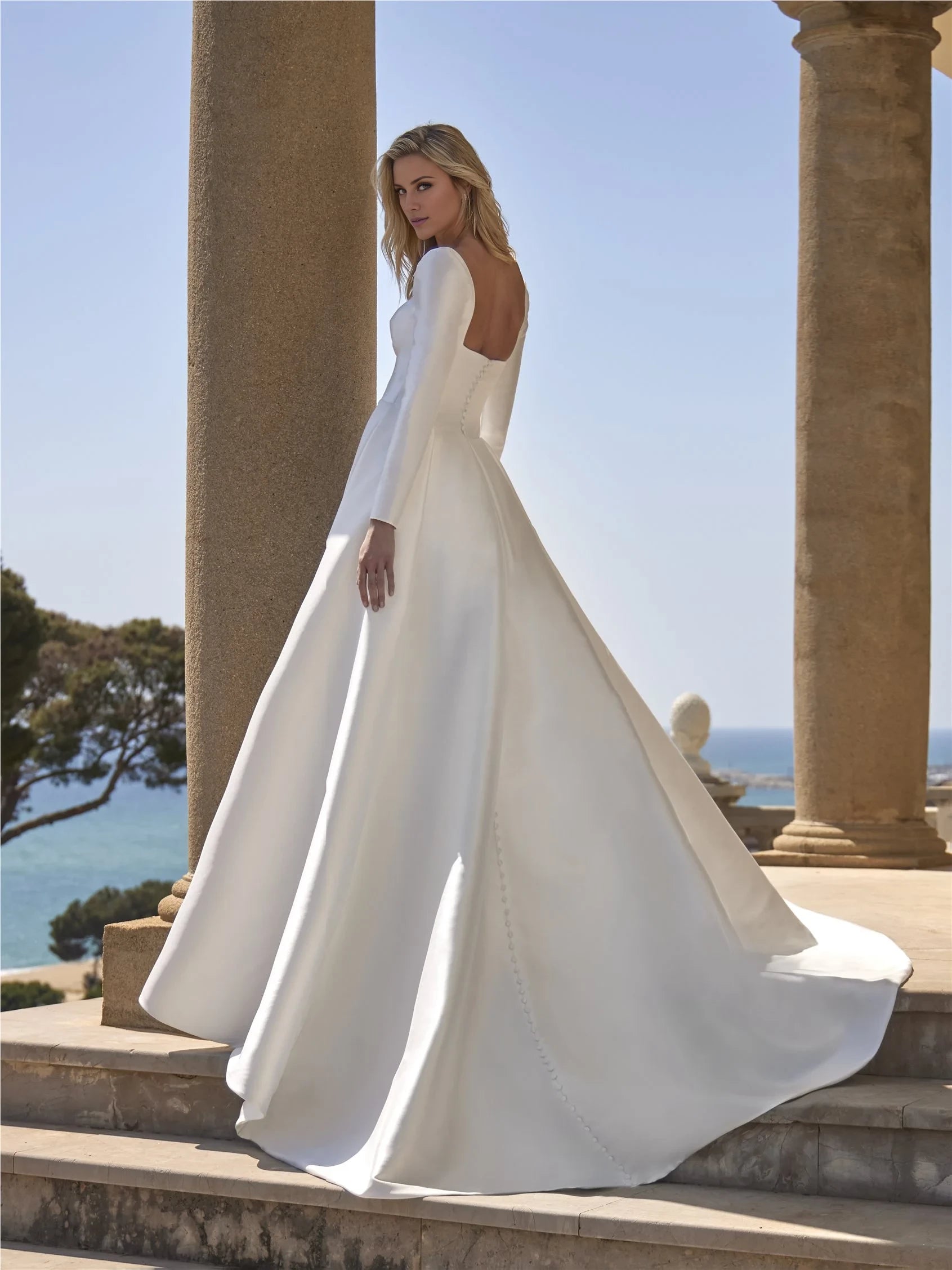 Elegant A-Line White Square Neck Long Sleeve Ball Gown Winter Wedding Dress