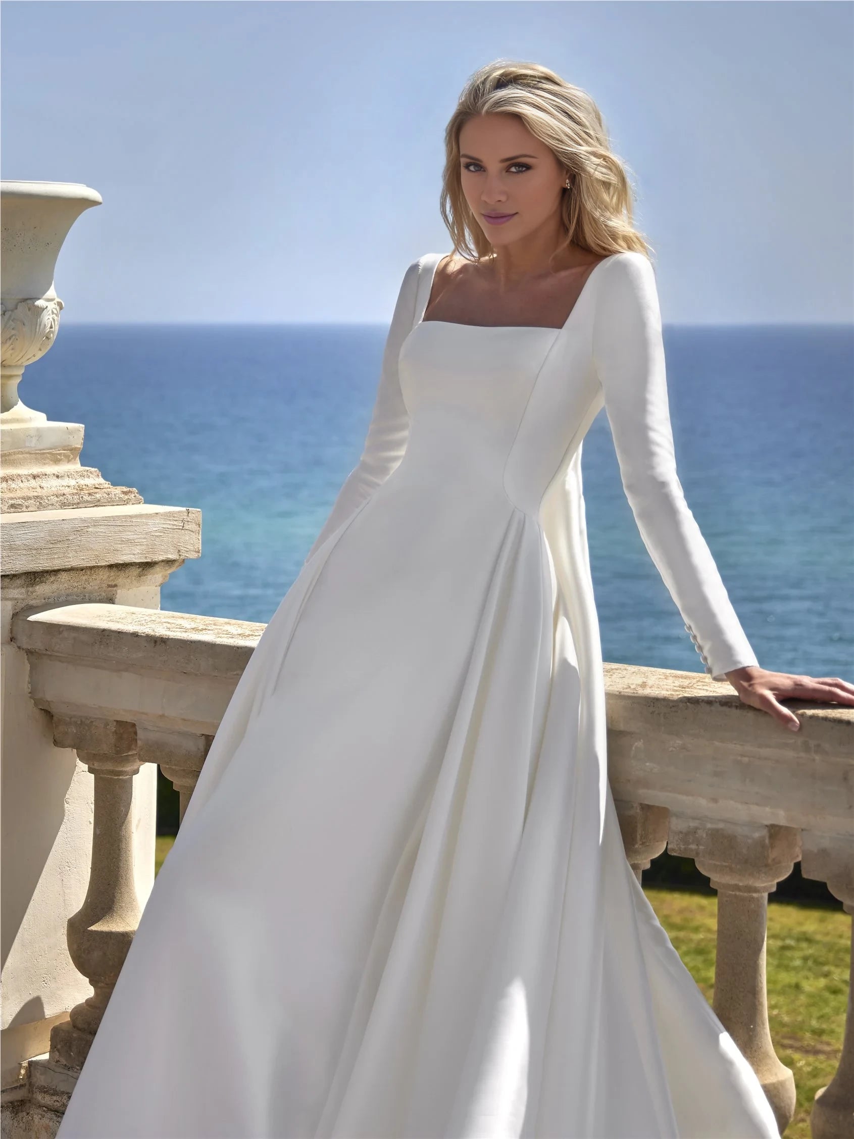 Elegant A-Line White Square Neck Long Sleeve Ball Gown Winter Wedding Dress