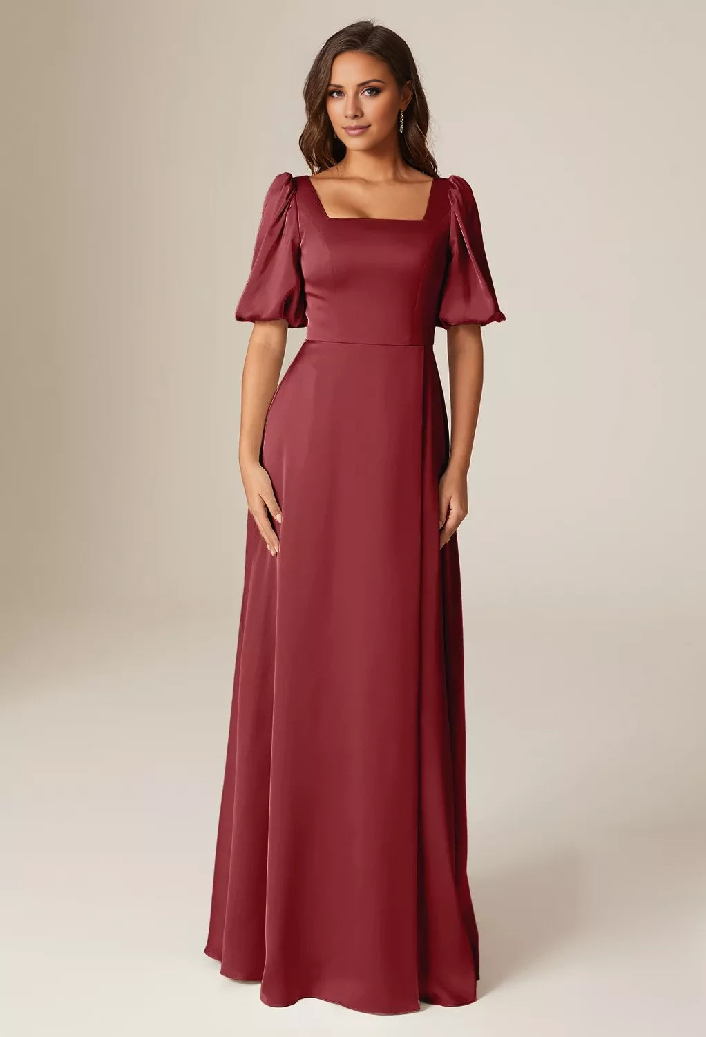 Elegant A-line Square Neckline Short Sleeves Back Zipper Floor Length Bridesmaid Dresses