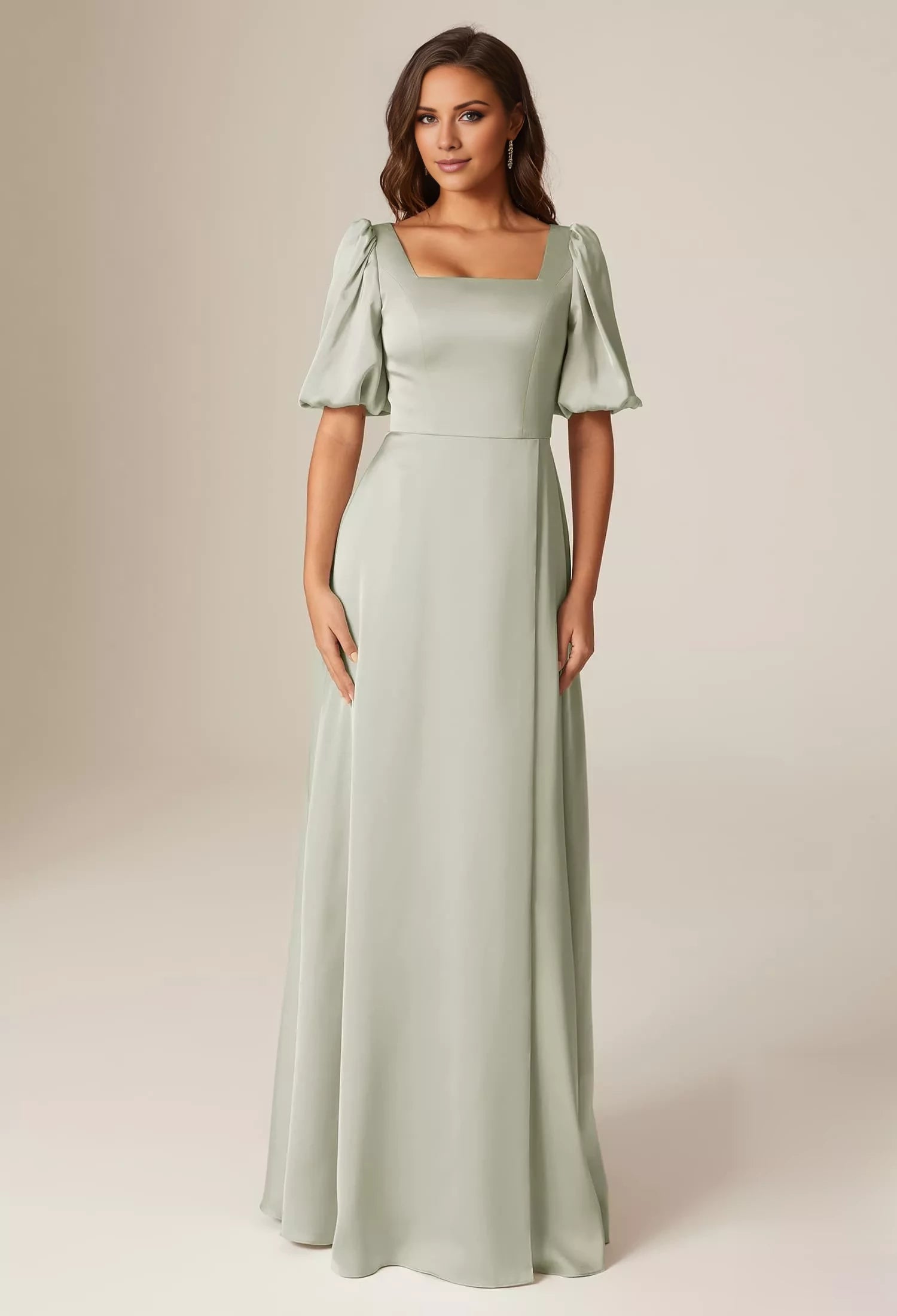 Elegant A-line Square Neckline Short Sleeves Back Zipper Floor Length Bridesmaid Dresses
