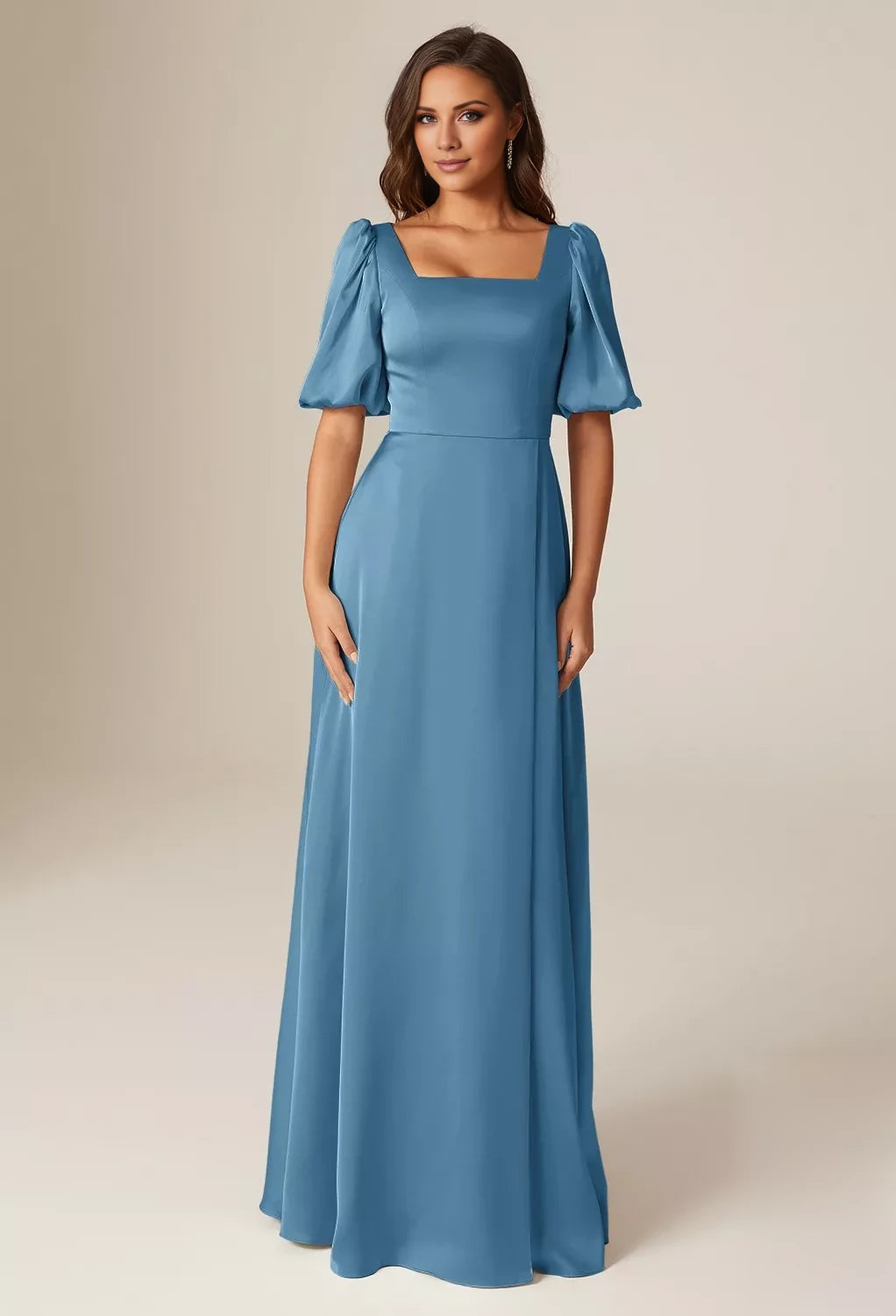 Elegant A-line Square Neckline Short Sleeves Back Zipper Floor Length Bridesmaid Dresses