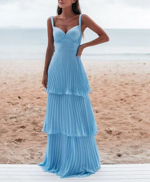 Elegant A-line Sweetheart Spaghetti Straps Open Back Pleated Tiered Floor-Length Chiffon Evening Dress