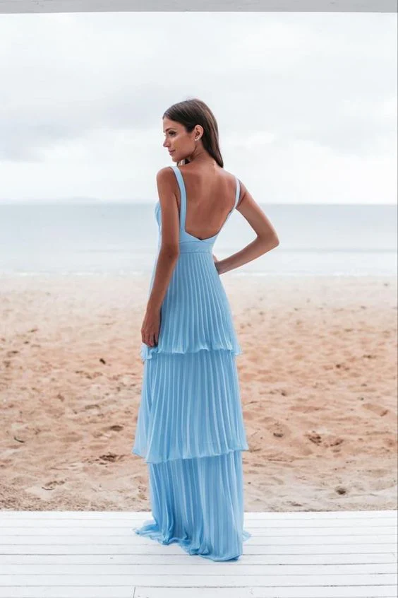 Elegant A-line Sweetheart Spaghetti Straps Open Back Pleated Tiered Floor-Length Chiffon Evening Dress