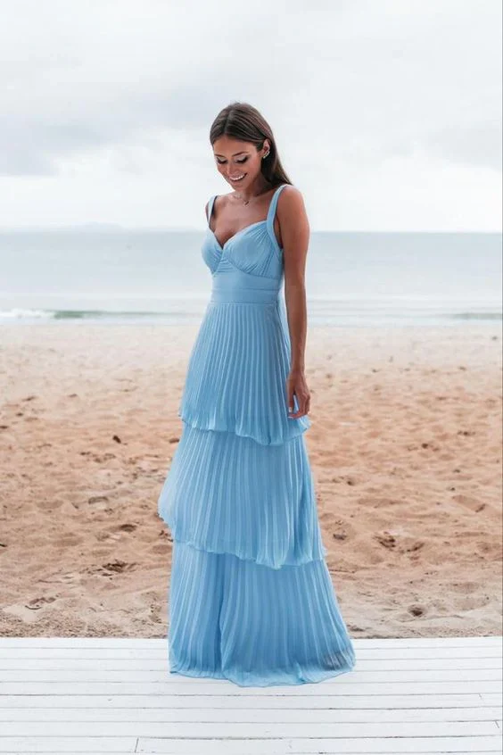 Elegant A-line Sweetheart Spaghetti Straps Open Back Pleated Tiered Floor-Length Chiffon Evening Dress