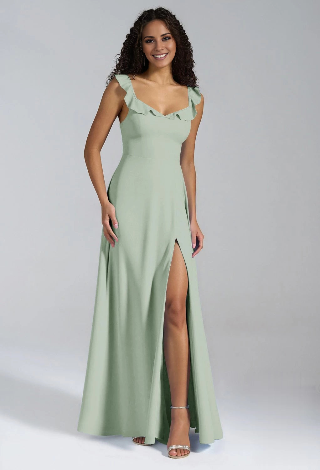 Elegante vestido de dama de honor con escote en V, sin mangas, con botones en la espalda, abertura lateral y largo hasta el suelo