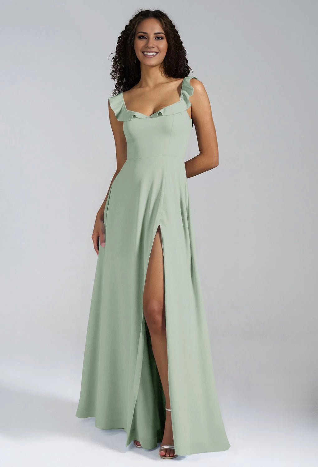 Elegante vestido de dama de honor con escote en V, sin mangas, con botones en la espalda, abertura lateral y largo hasta el suelo
