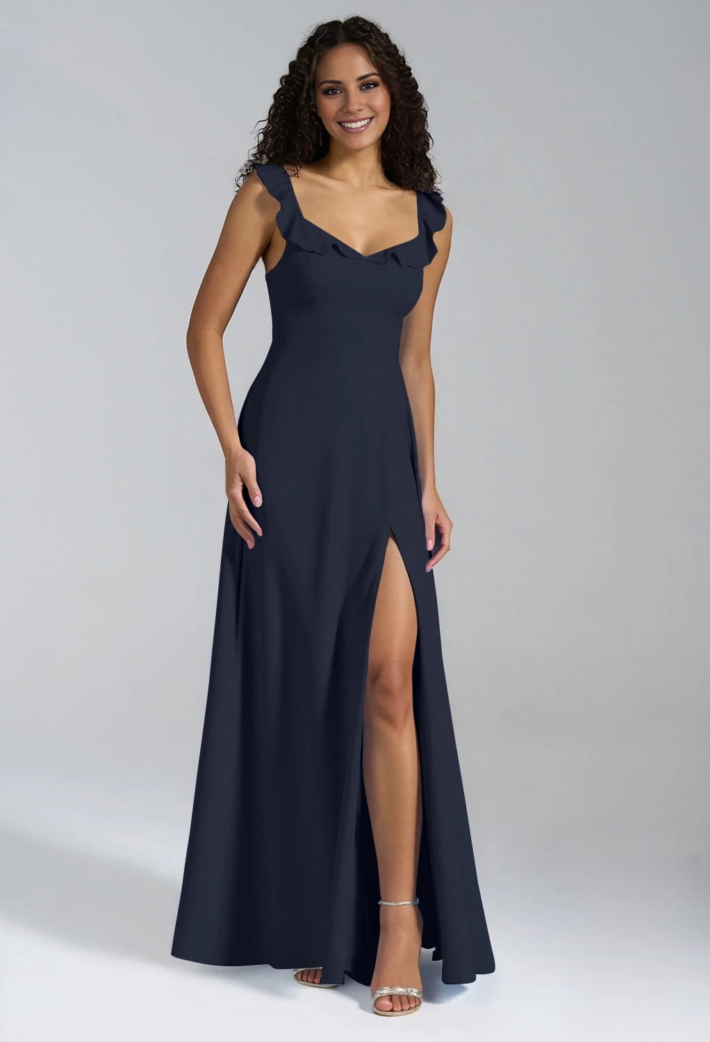 Elegante vestido de dama de honor con escote en V, sin mangas, con botones en la espalda, abertura lateral y largo hasta el suelo
