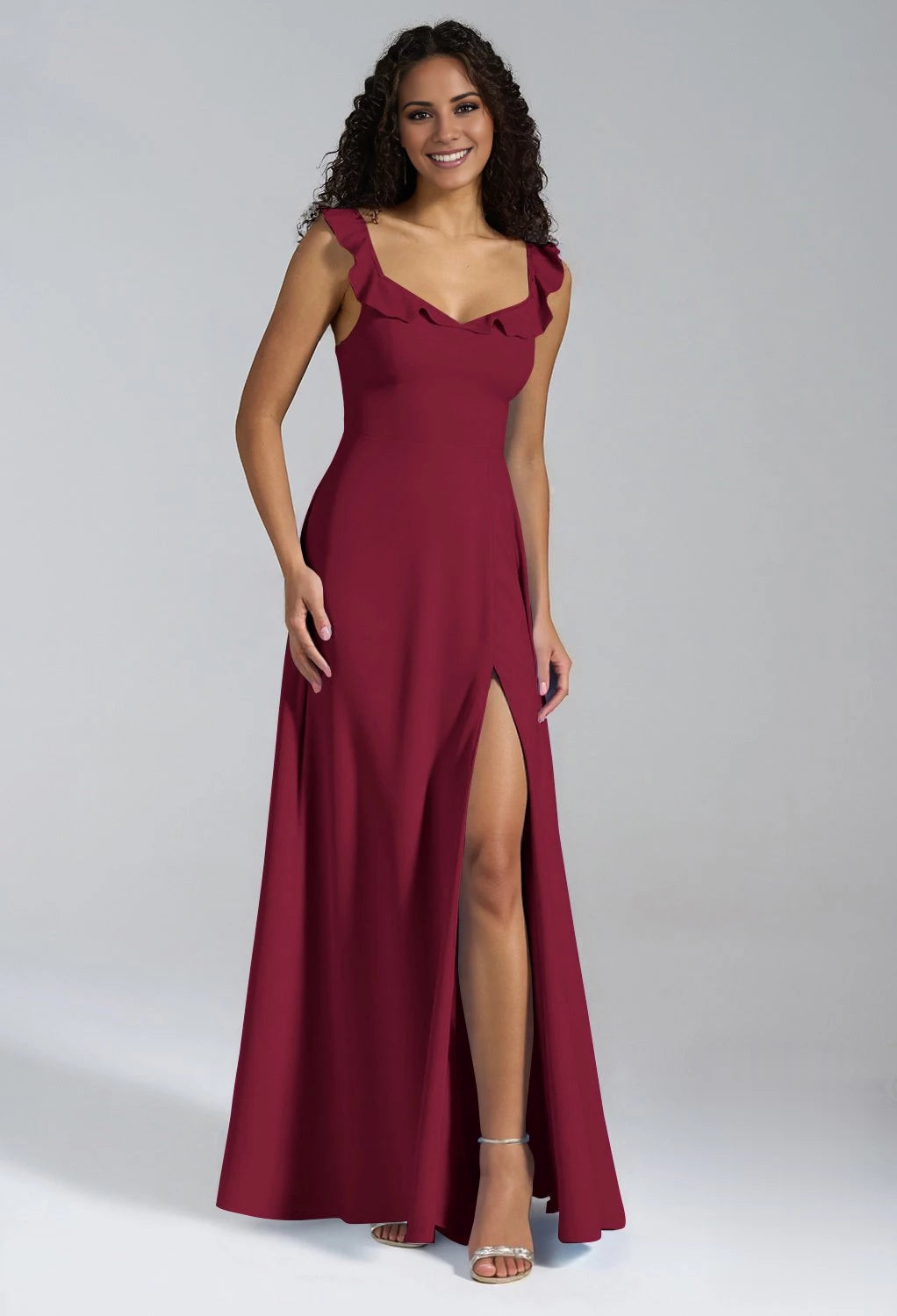 Elegant A-line V-Neck Sleeveless Back Button Side slit Floor Length Bridesmaid Dresses