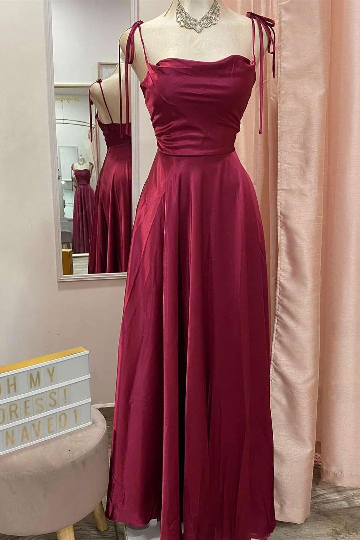 Burgundy Satin A-Line Floor-Length Bridesmaid Dress with Ruched Bodice, Tie-Shoulder Straps & Criss-Cross Straps