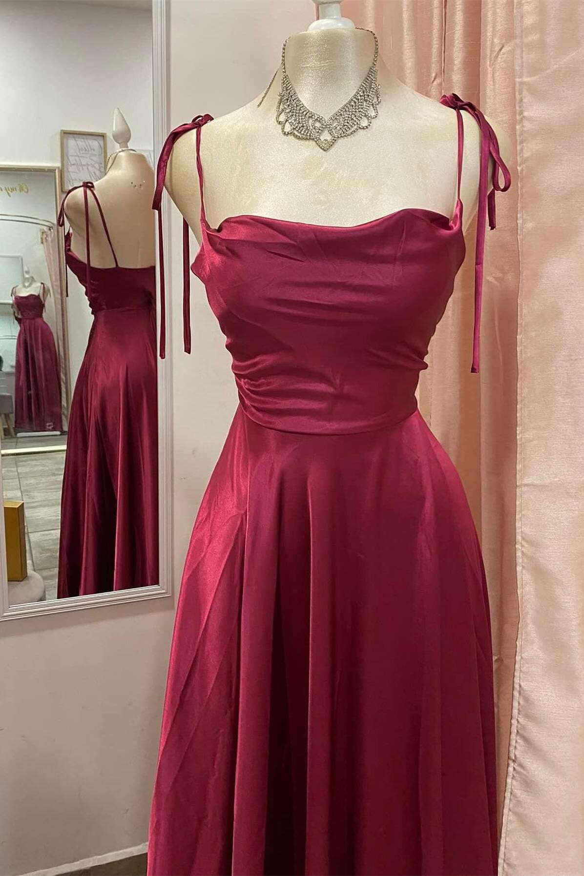 Burgundy Satin A-Line Floor-Length Bridesmaid Dress with Ruched Bodice, Tie-Shoulder Straps & Criss-Cross Straps