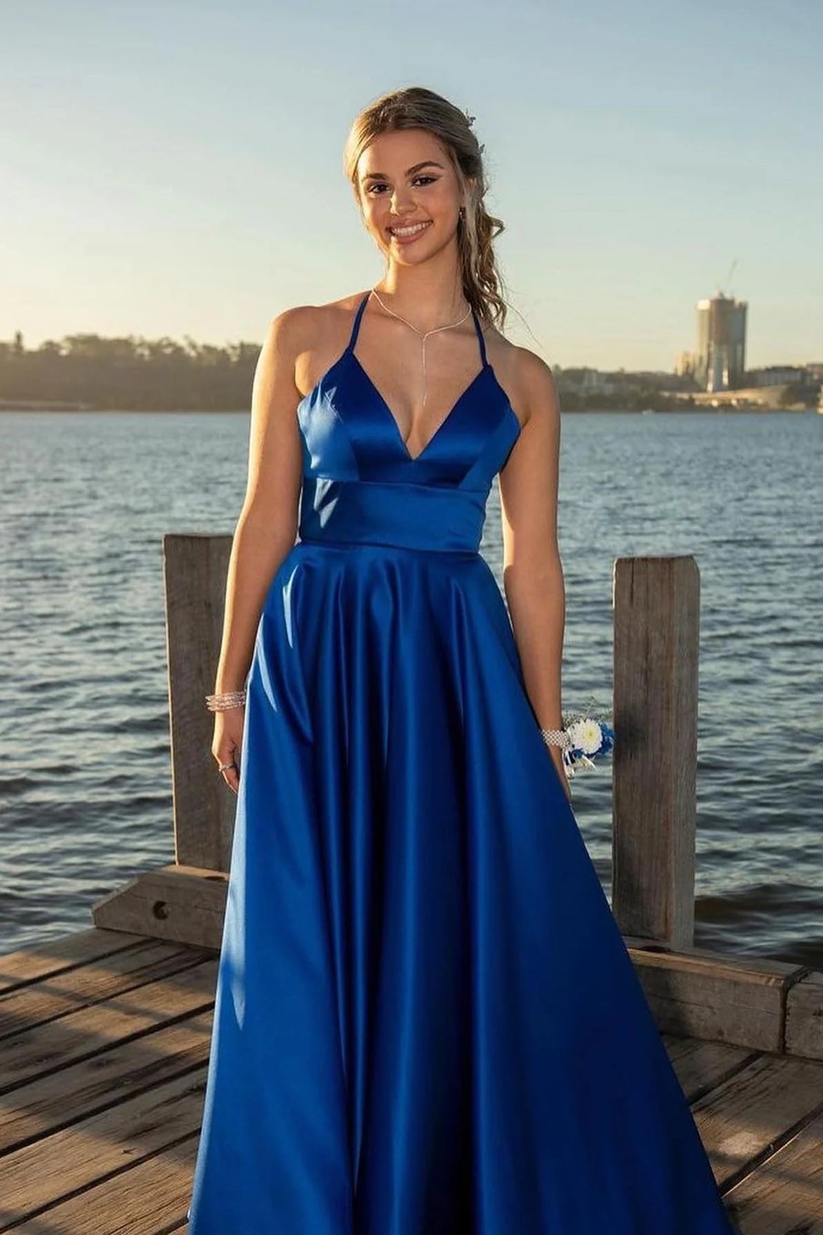 Elegant A Line Halter Neck Sleeveless Lace Up Back Floor Length Evening Dress