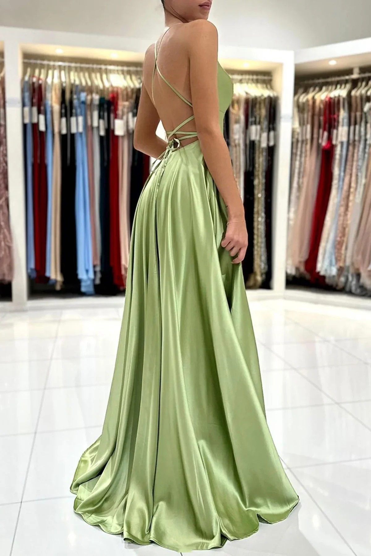 Elegant A Line Square Neck Spaghetti Strap Lace Up Back High Slit Floor Length Evening Dresses